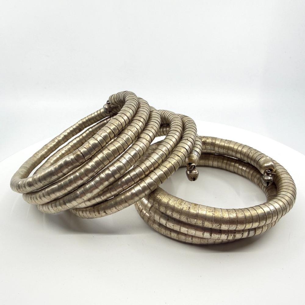Gothic Silver Tone Cobra Chain Coil Wrap Bracelet Stack Statement Bell Boho